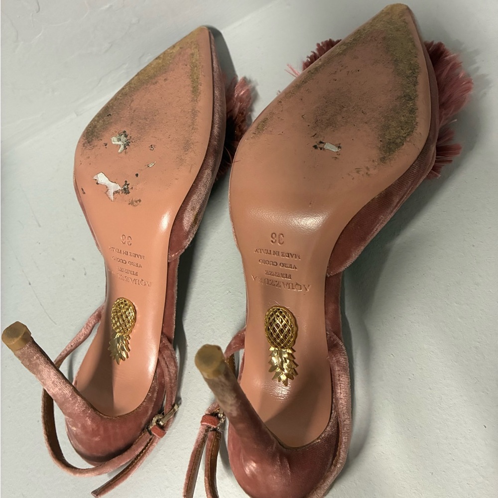 Aquazzura Rose Pink Velvet Powder Puff Pom Pom Slingback Pumps - Picture 2 of 3